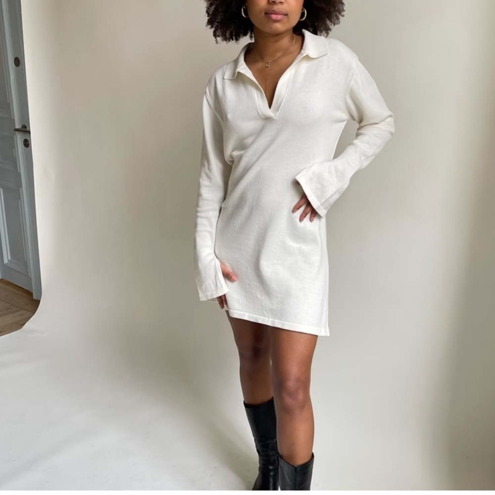 Djerf Avenue Getaway Mini Long Sleeve Organic Cotton Dress in Cream Size XS